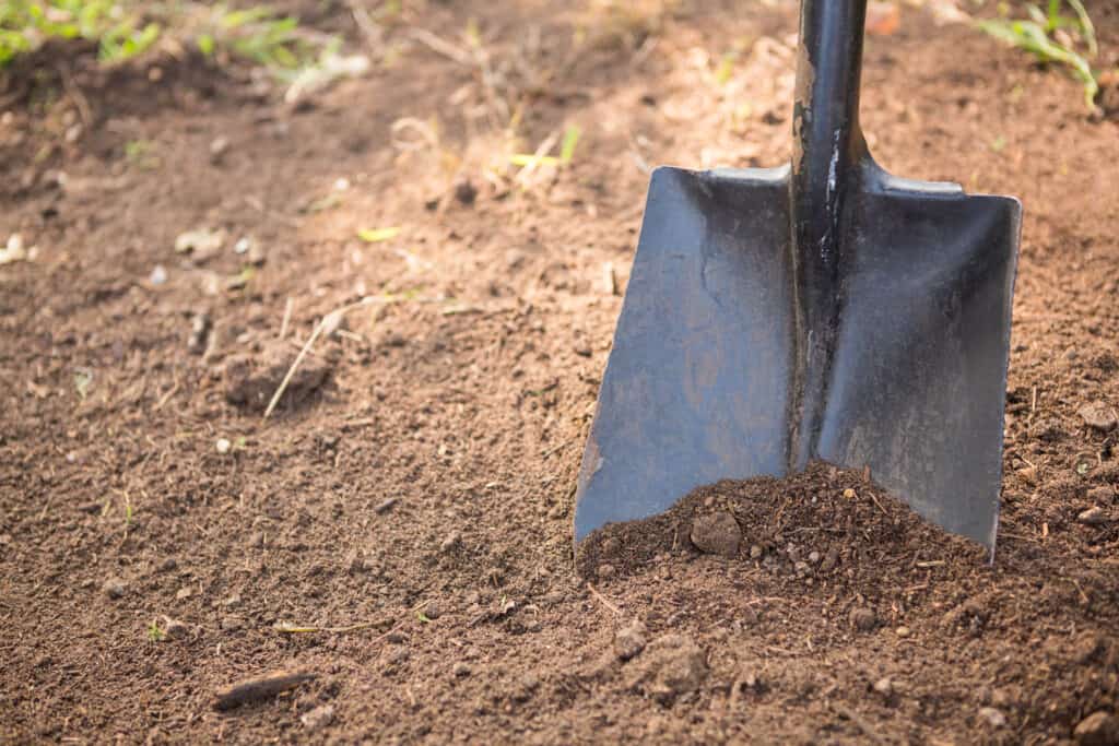 High angle view of shovel on dirt at community garden